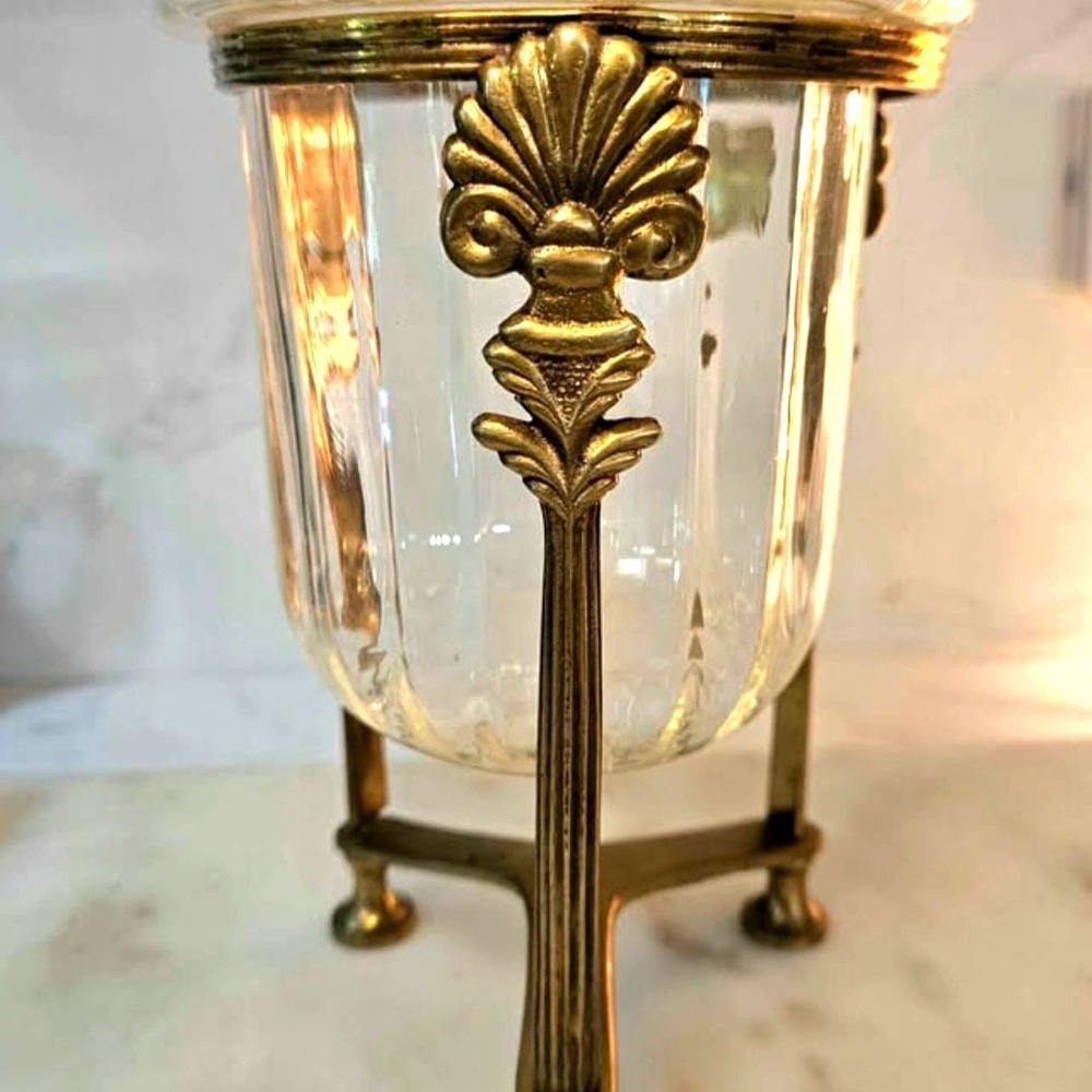 Vintage Brass Tripod Stand with Clear Glass Vase Centerpiece